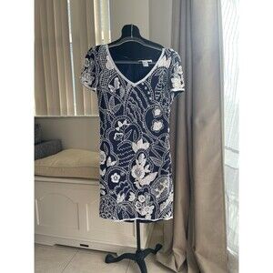 Vintage AJ Bari 100% silk White Pearl Beaded embellished Blue dress 8